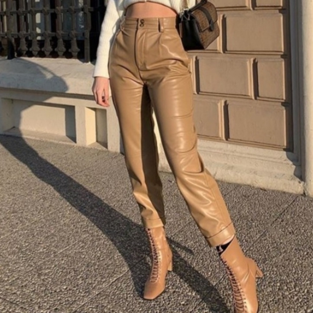 Zara Womens Pleated Faux Leather Pants Trousers Camel Brown Size XL NEW
